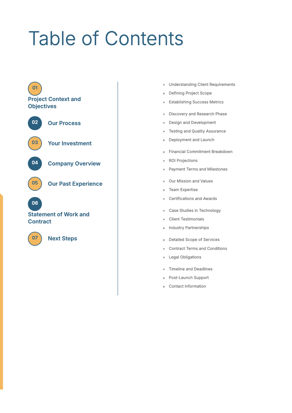 Professional proposal table of contents with numbered sections and circular design elements_variant_1